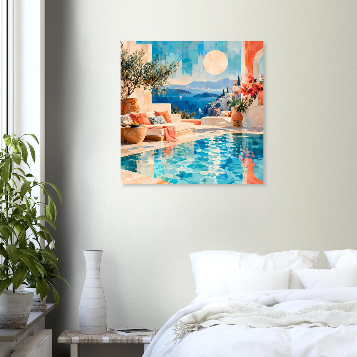 Wandposter mit Poollandschaft und blauem Meer, Orange- und Grüntöne