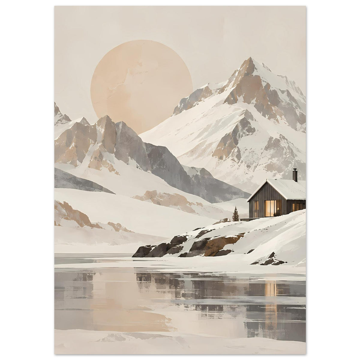 Vertikales Poster mit schneebedeckten Gipfeln, Sonnenkreis über den Bergen und Wintersee