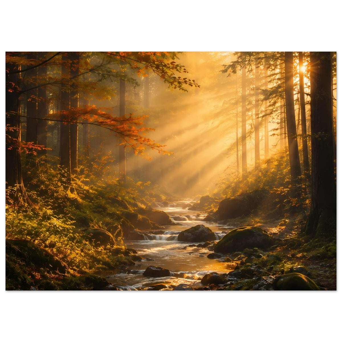 Waldposter mit Sonnenstrahlen durch hohe Bäume, Bach und Felsen im Vordergrund