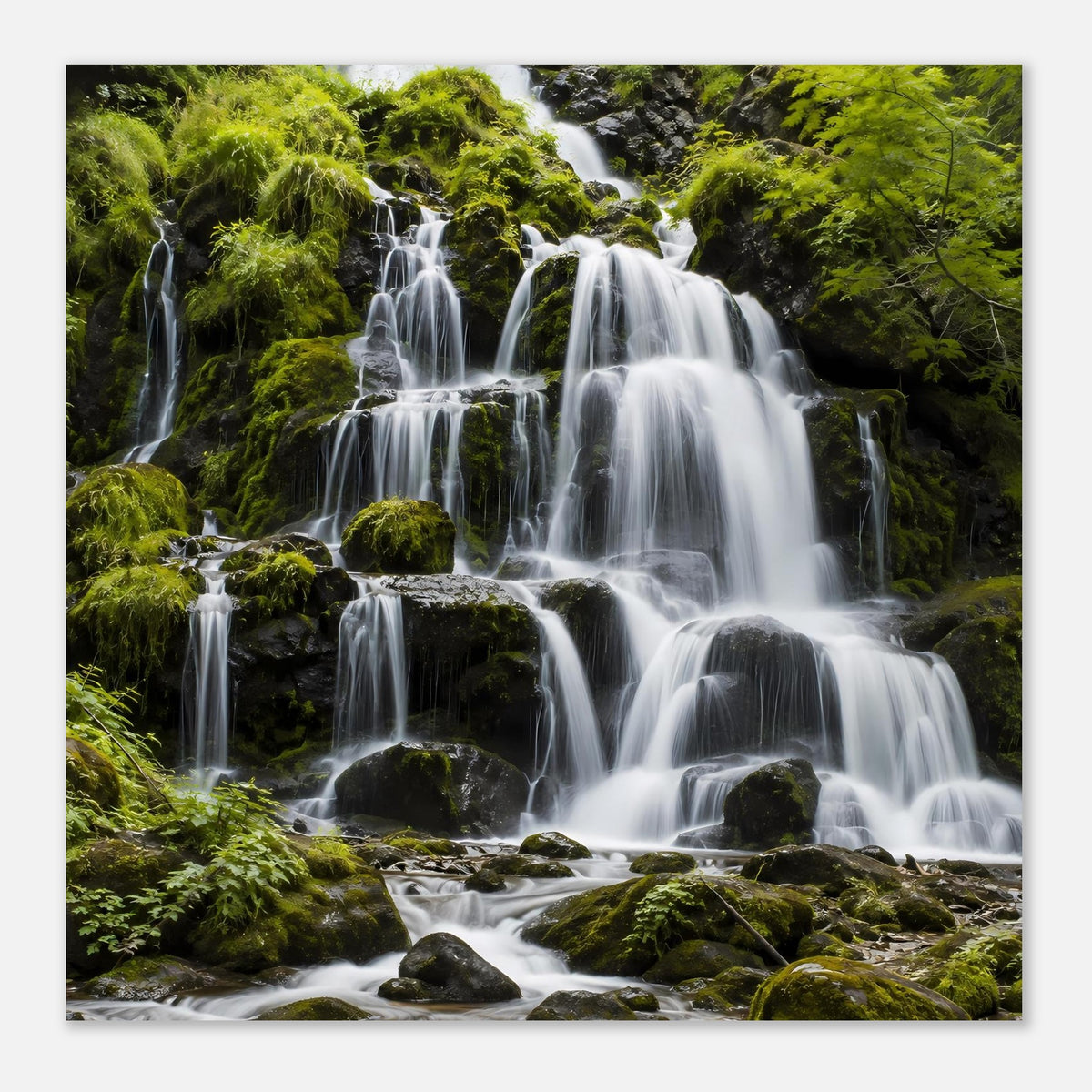 Großes Wandposter mit Nahansicht eines Wasserfalls, grünes Moos und weißes Rinnsal