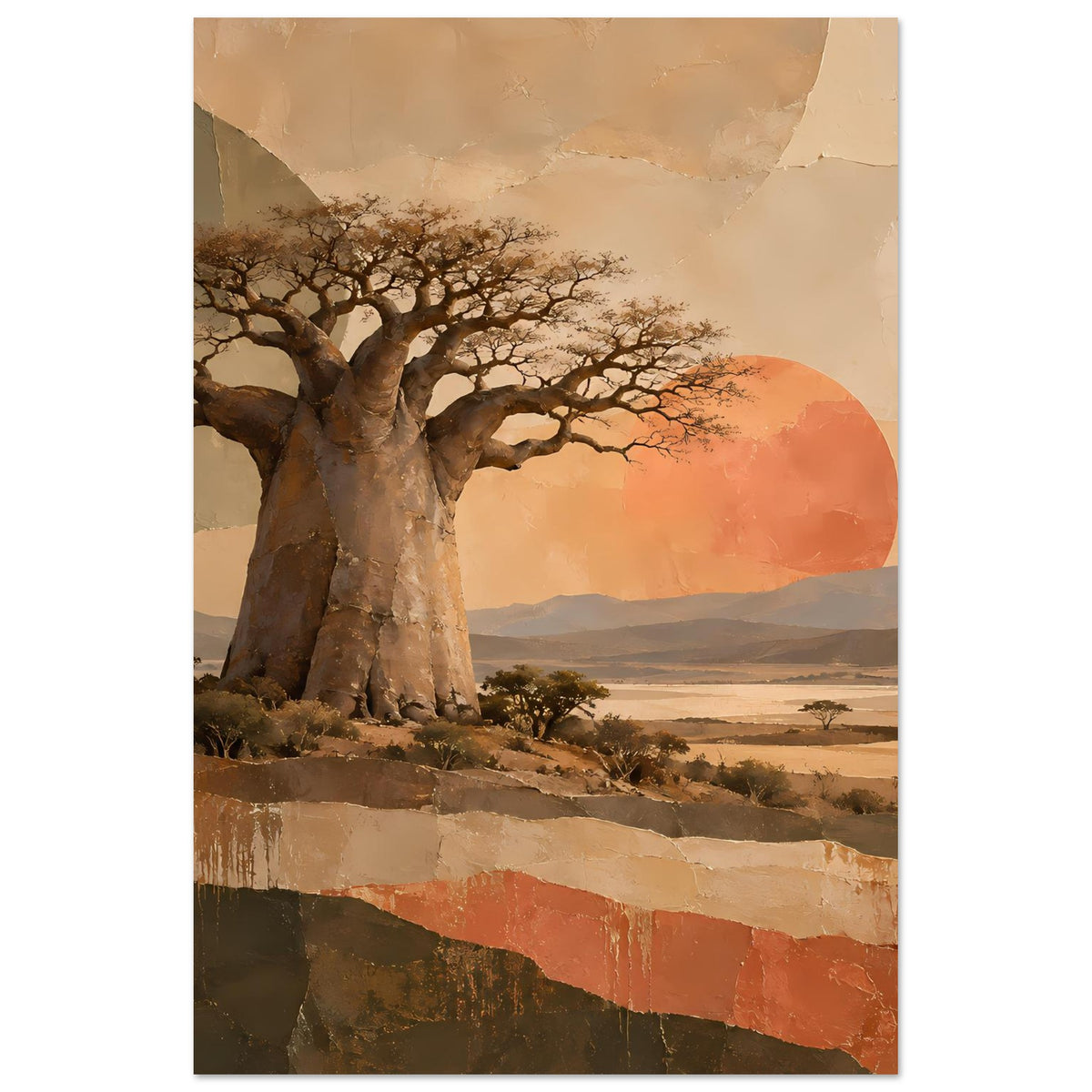 Naturposter im Hochformat: Baobab-Baum, orangefarbener Sonnenkreis und Savanne
