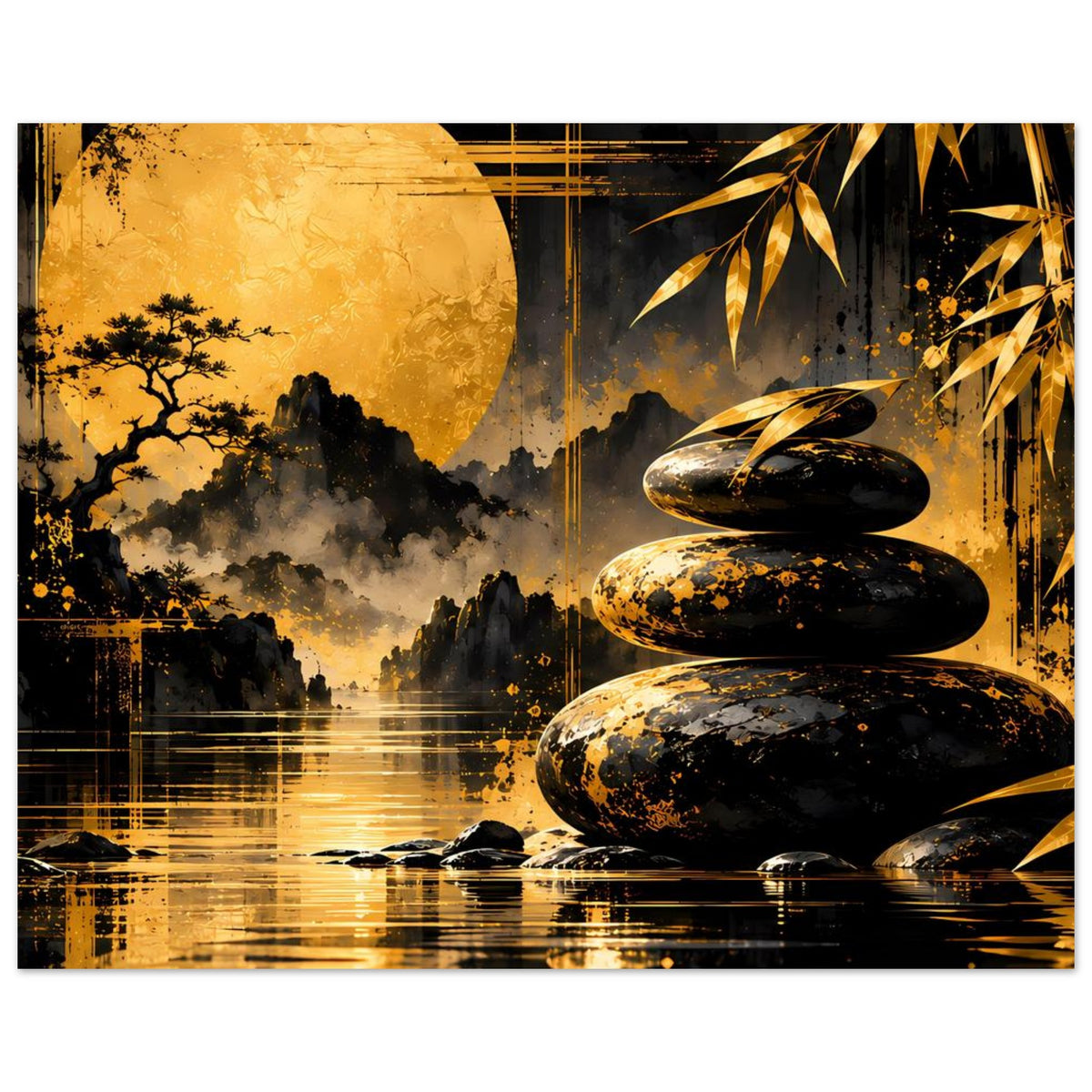 Kunstposter mit Zen-Motiv: goldene Steinsäulen, schwarzer Hintergrund und Mond am Himmel