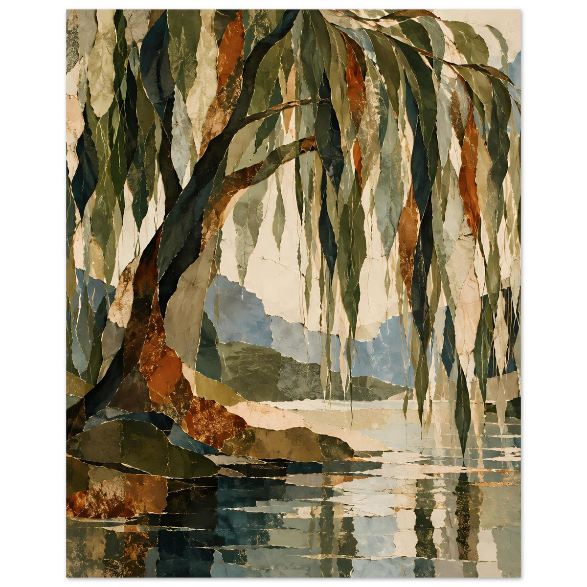Wandposter mit Birkenzweigen über ruhiger Wasserfläche, herbstliche Farbtöne im Stilgemälde