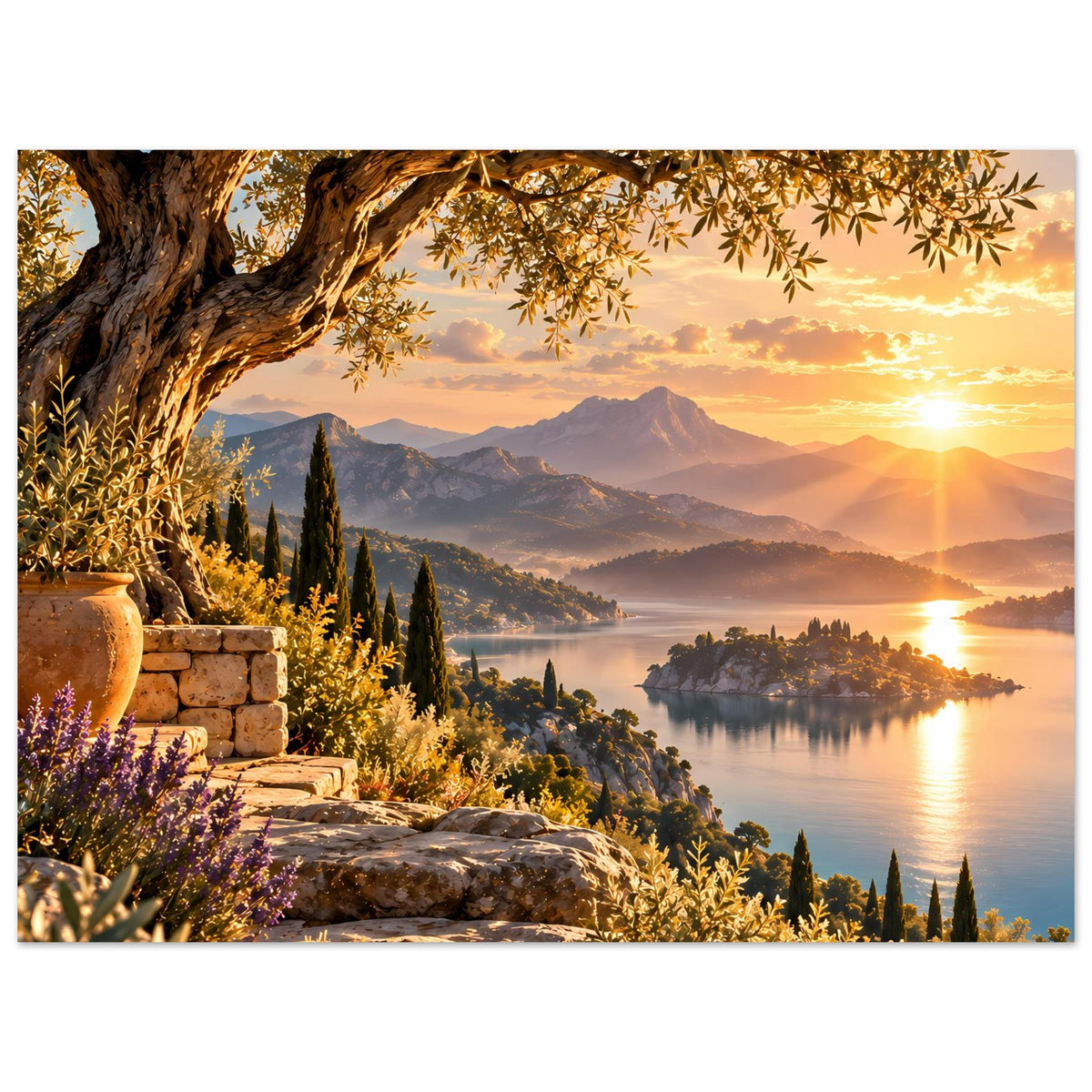 Poster mit Sonnenuntergang über Wasser, Bergkette im Dunst, Steinmauer und Pflanzenvordergrund