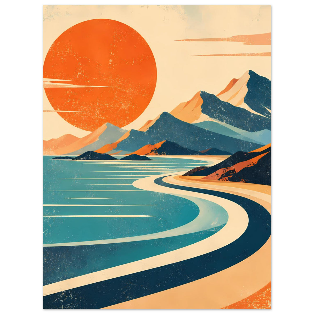 Vintage-Poster, vertikal: orange Sonne über blauen Bergen, türkisfarbenes Wasser und Kurven