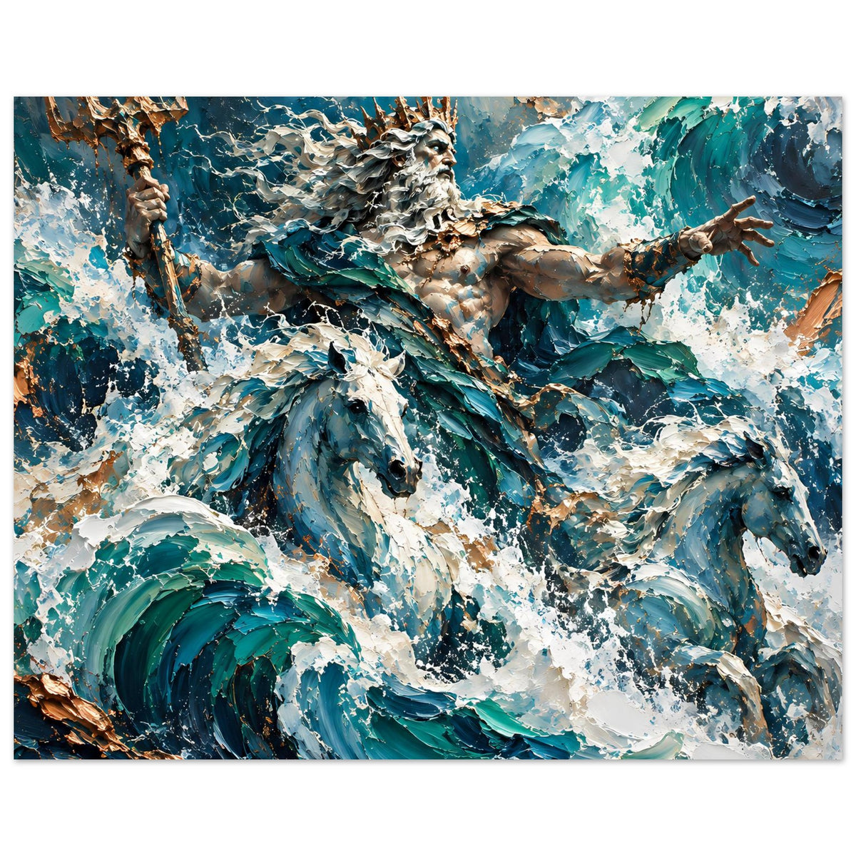 Horizontales Poster mit Meeresgott-Figur und kräftigen Wellen, Spritzwasser in Blau-Grün