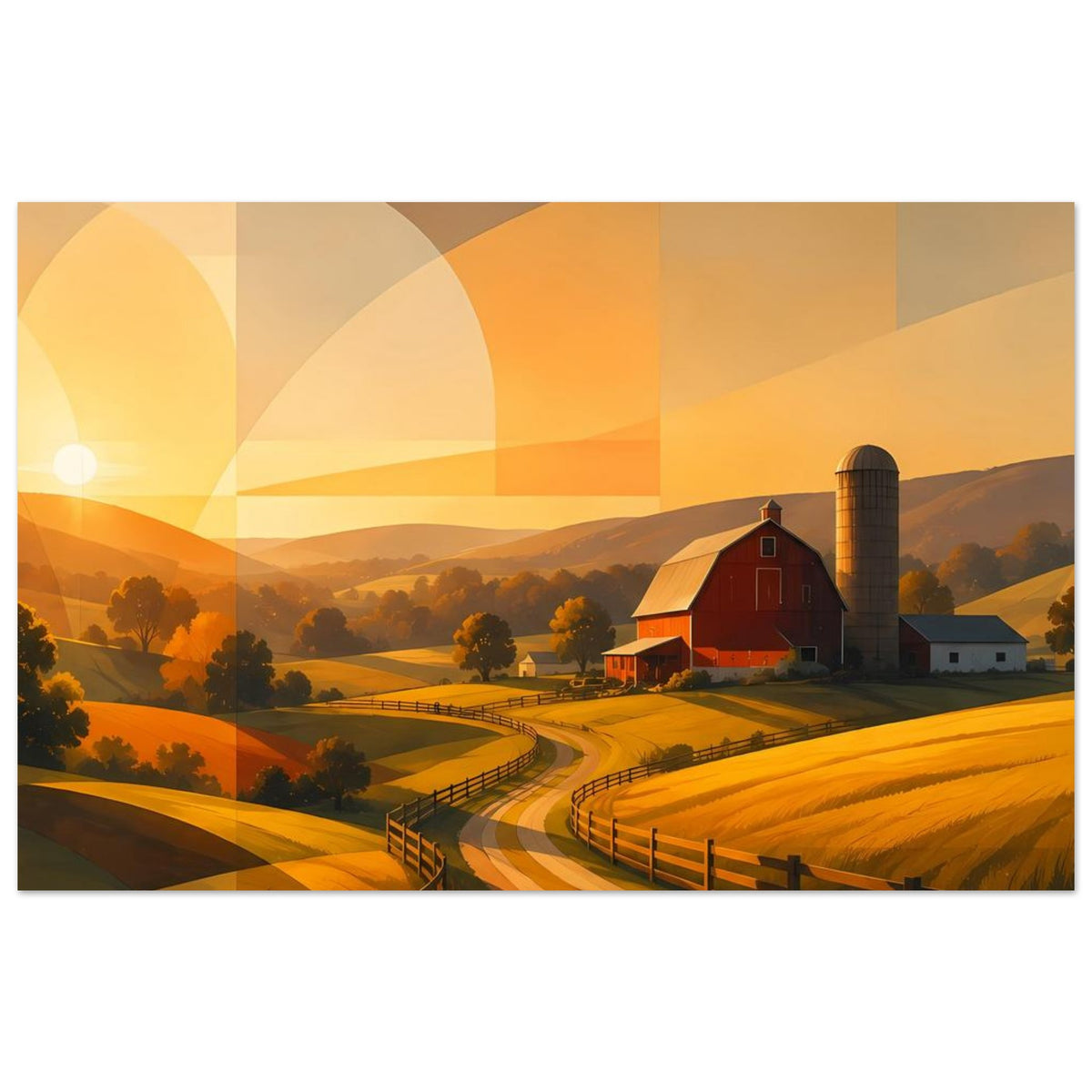 Abstraktes Wandbild: rote Scheune und Siloturm, goldene Felder, Zaun und geschwungener Weg.