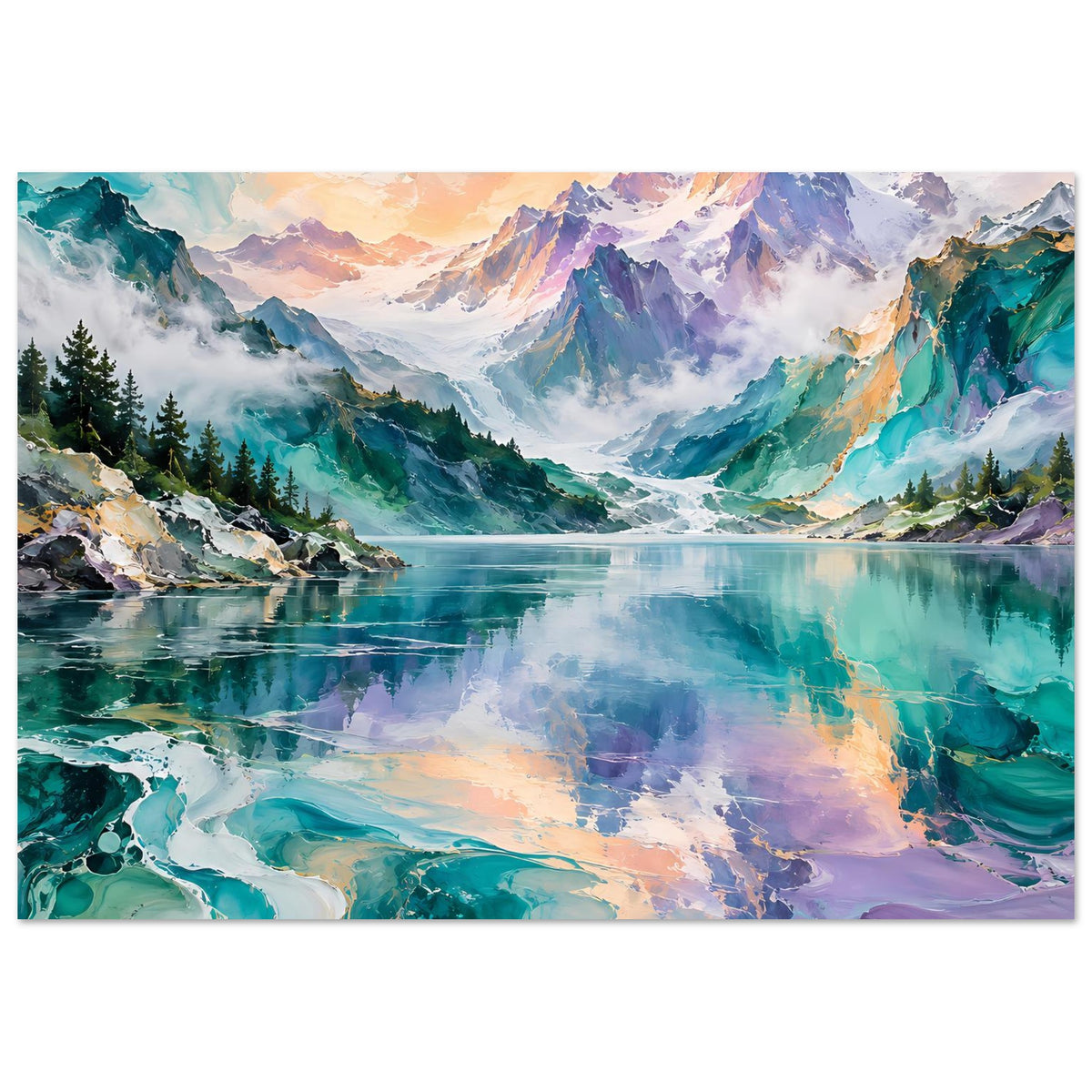 Gebirgslandschafts-Poster mit See, türkisfarbenem Wasser und schneebedeckten Bergen, horizontal