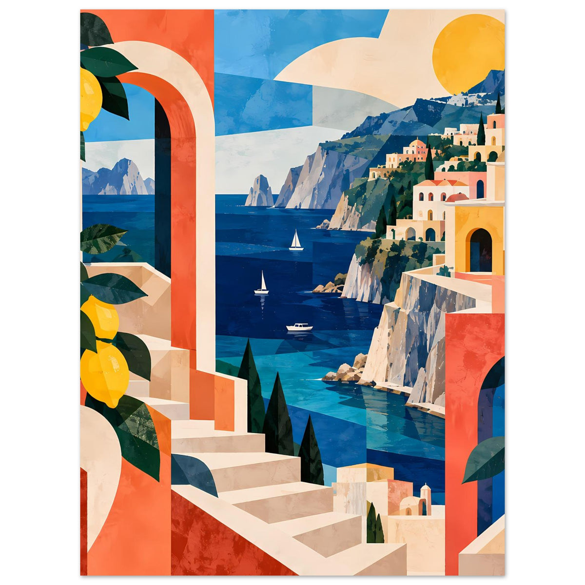 Mediterranes Küstenposter mit Zitronen, blauem Meer, farbigen Säulen und Bögen