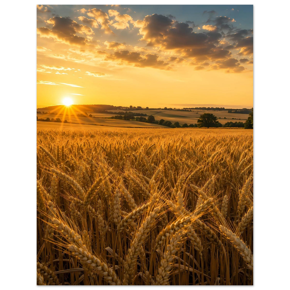 Landschaftsposter Hochformat: Weizenfeldlandschaft mit Sonnenaufgang und warmem Licht
