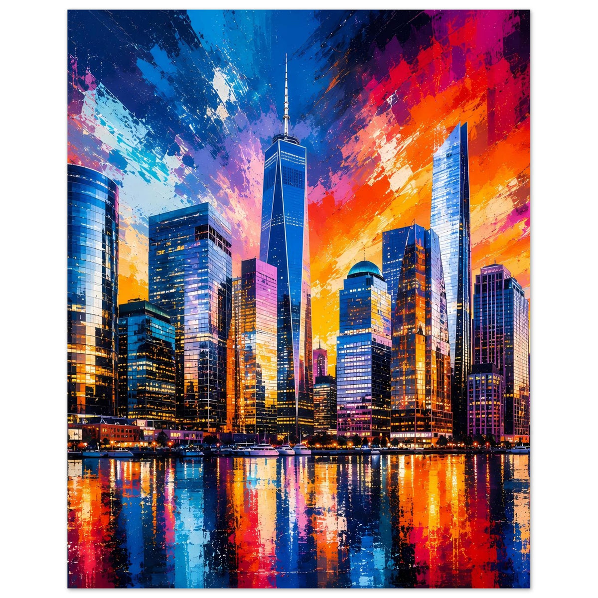 Poster mit Skyline bei Sonnenuntergang, leuchtende Hochhäuser und Reflexion im Wasser
