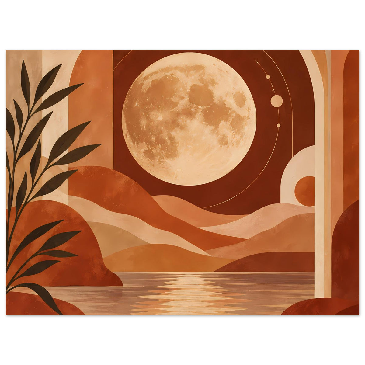 Boho-Poster: Vollmond, Wüstenlandschaft mit Palmen links und hellem Bogen rechts