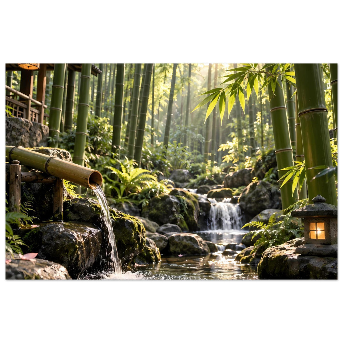 Naturposter mit Bambuswald und Wasserfall über moosigen Steinen