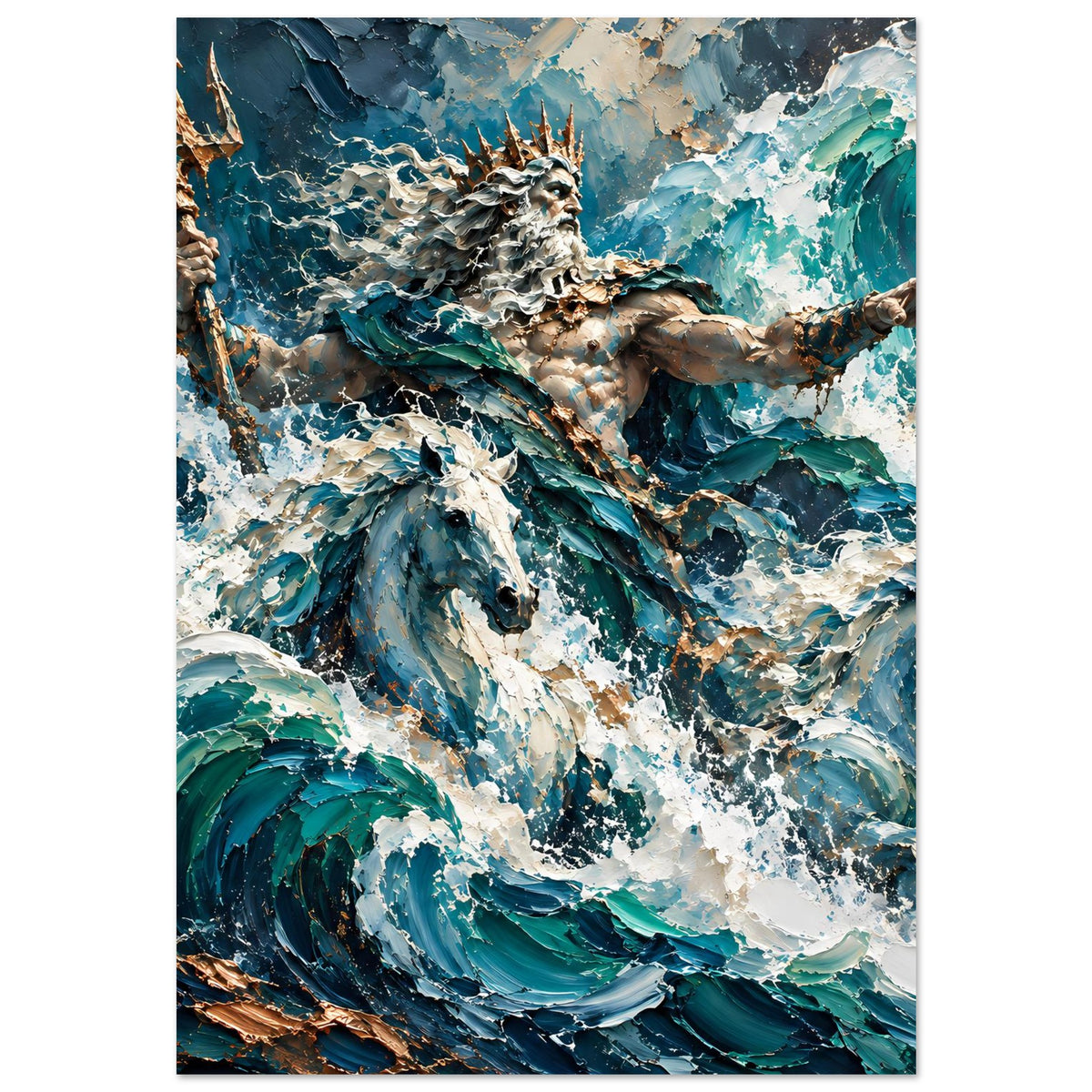 Poster mit Neptun: Meerjung-Männchen/Neptun mit Dreizack, umspült von türkisfarbenen Wellen