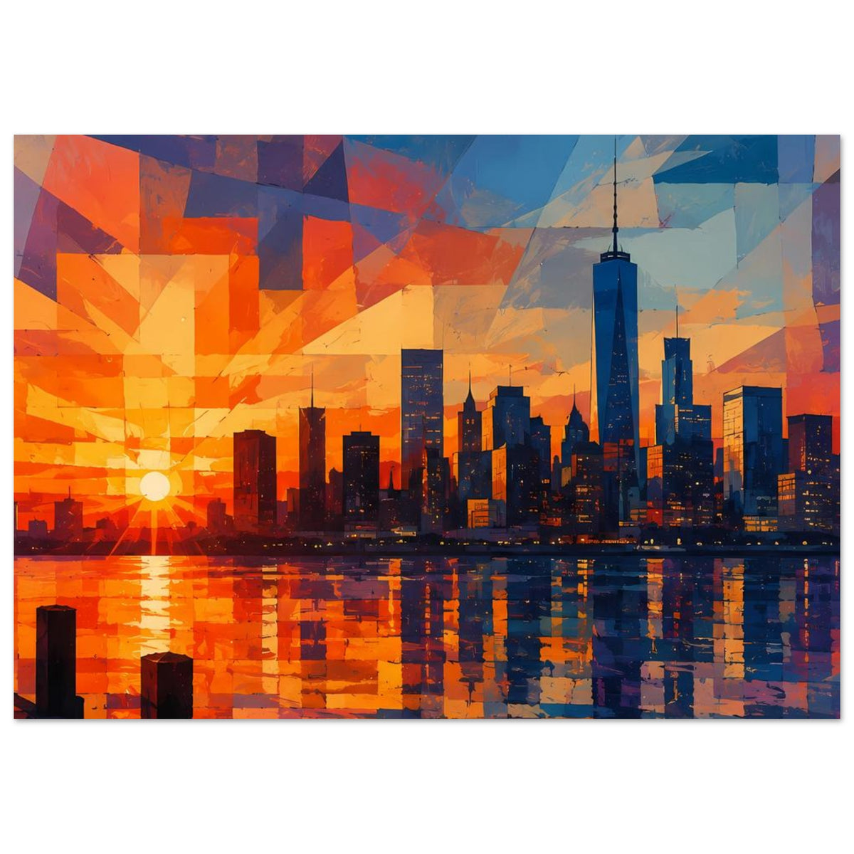 Querformat-Poster mit geometrischem Stadtbild, orange-blaue Skyline und reflektierendes Gewässer