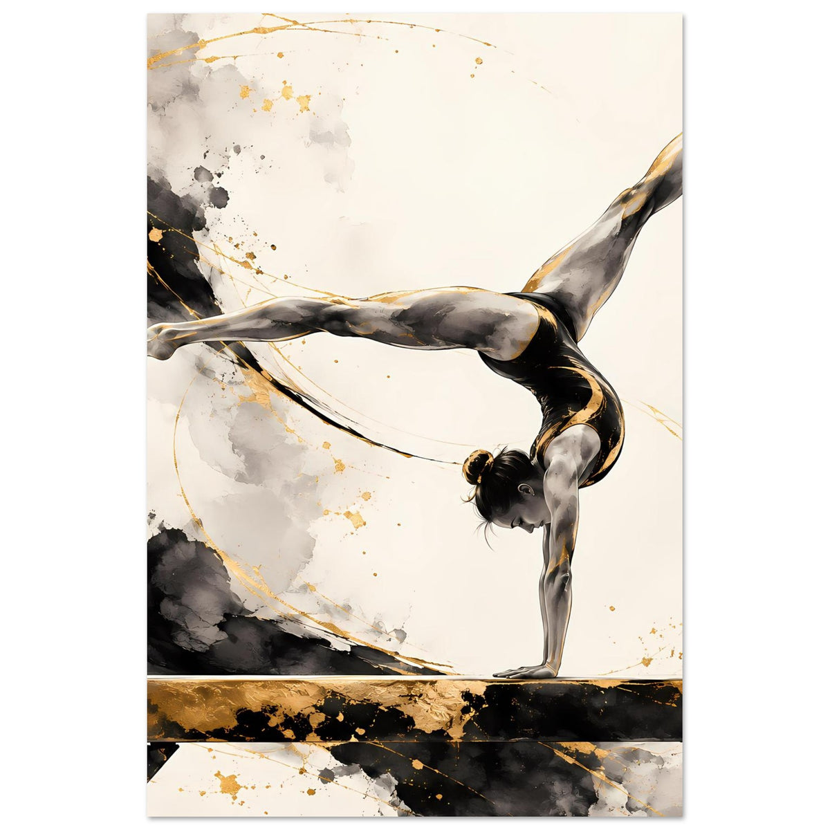 Gymnastikposter mit Turnerin im Handstand, schwarz-goldener Kontrast, feine goldene Linien