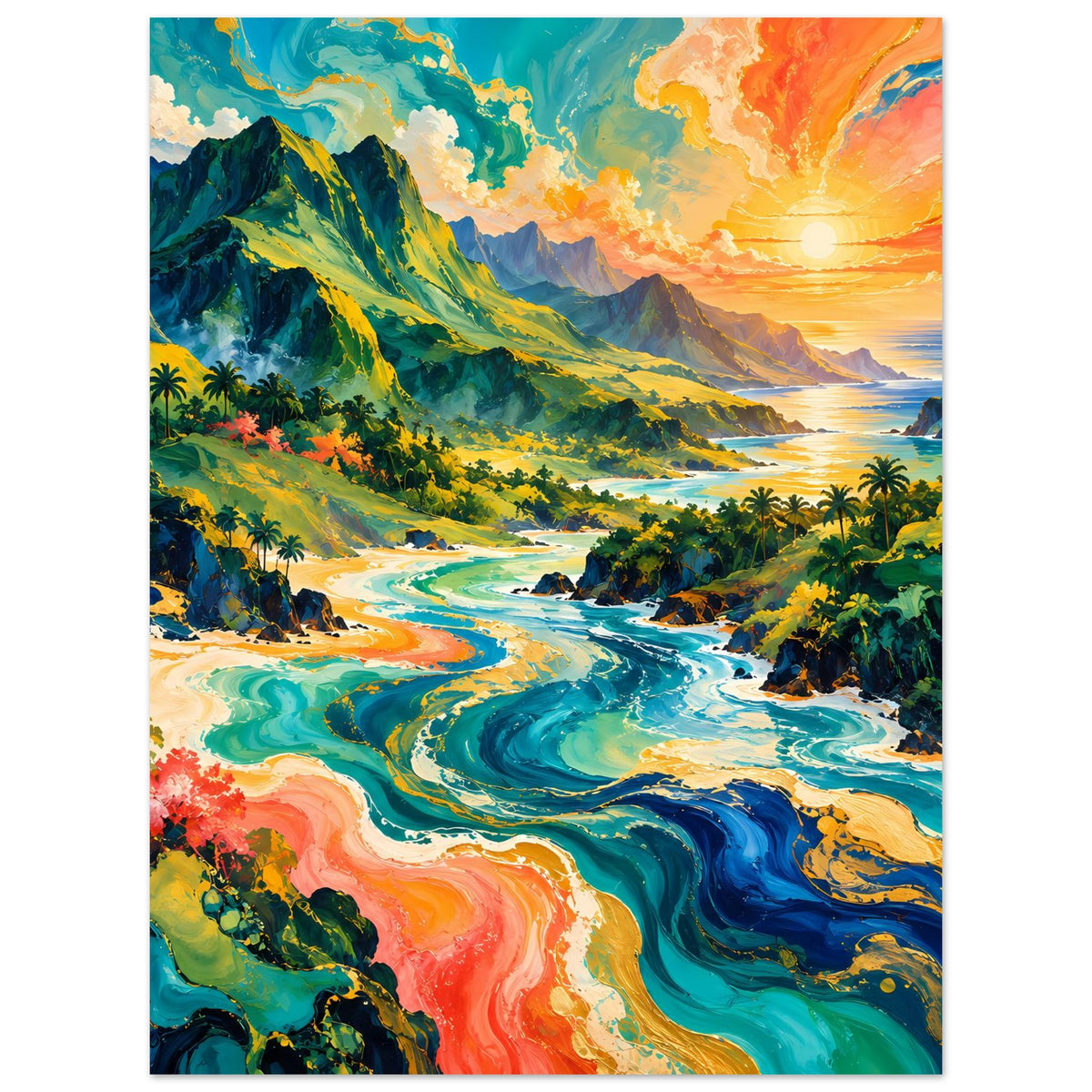 Tropisches Sonnenuntergangs-Poster, vertikal: Sonnenuntergang über Berge, Strand und Flusswindungen