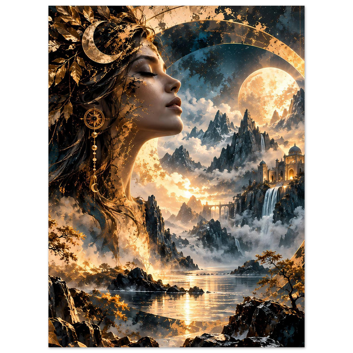 Vertikales Poster mit Frauenprofil, goldenen Schmuckdetails und mondbeleuchteter Landschaft