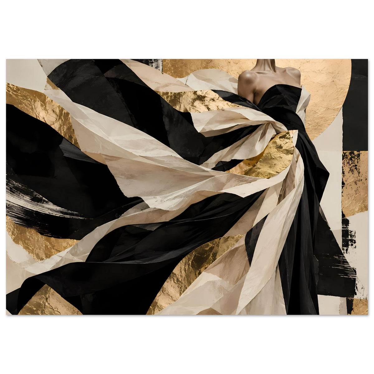 Querformat-Wandposter: Frau im schwarzen Kleid, abstrakte Linien in Gold und Beige