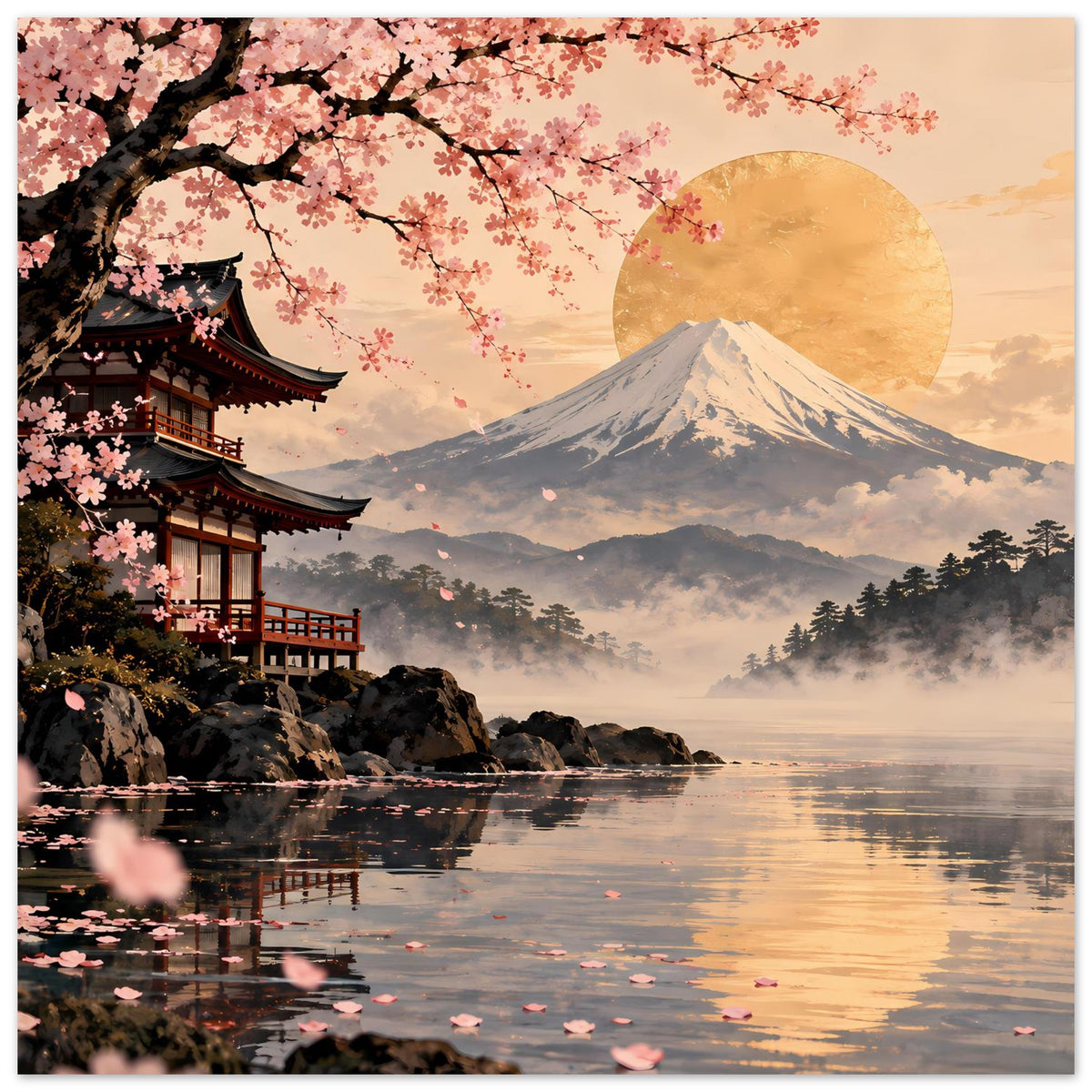 Poster mit Fuji-Berg, Kirschblüten über dem Tempel und ruhig spiegelndem Wasser