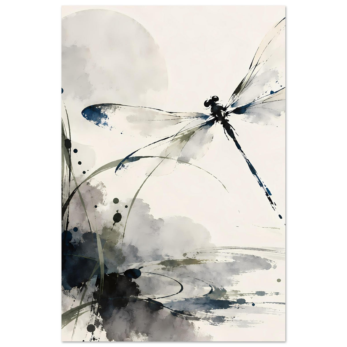 Hochformat-Aquarell-Poster mit Libelle in Blau und Grau, reduzierte Farbflächen und Linien.