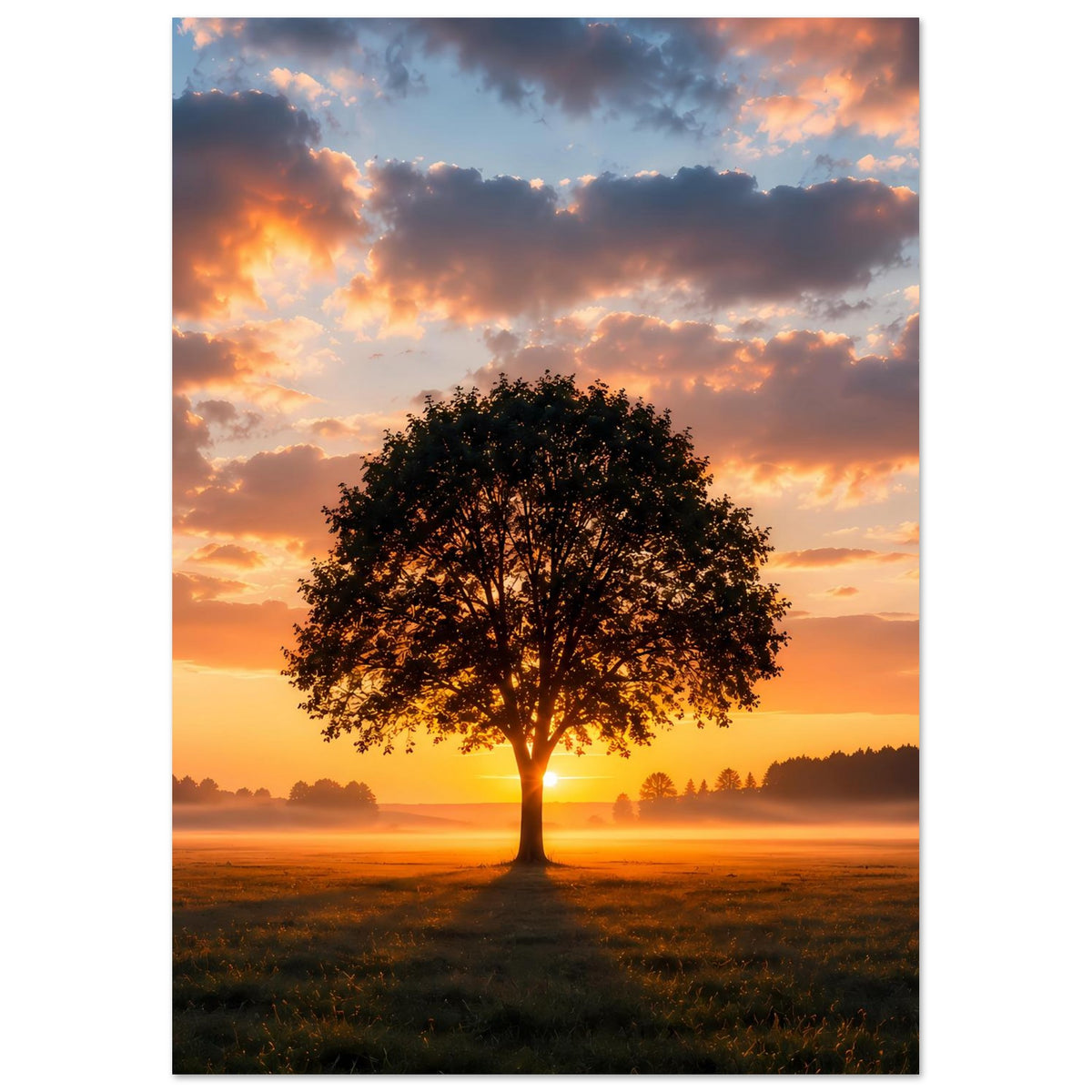 Poster mit Einzelbaum bei Sonnenuntergang, dunkles Laub und orangefarbener Himmel