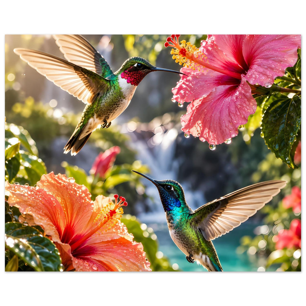 Posterbild mit zwei Kolibris und rosa Hibiskusblüte rechts, orange Hibiskus links, vertikal