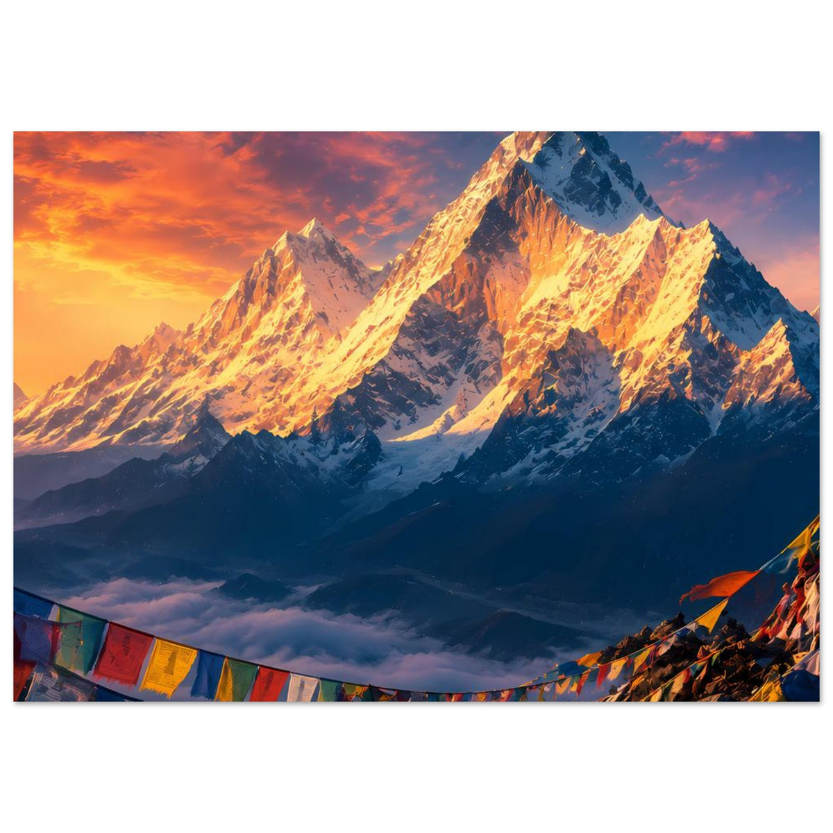 Poster mit Himalaya-Sonnenaufgang: leuchtende Gipfel und Tal, warme orange Wolken, Wimpelband