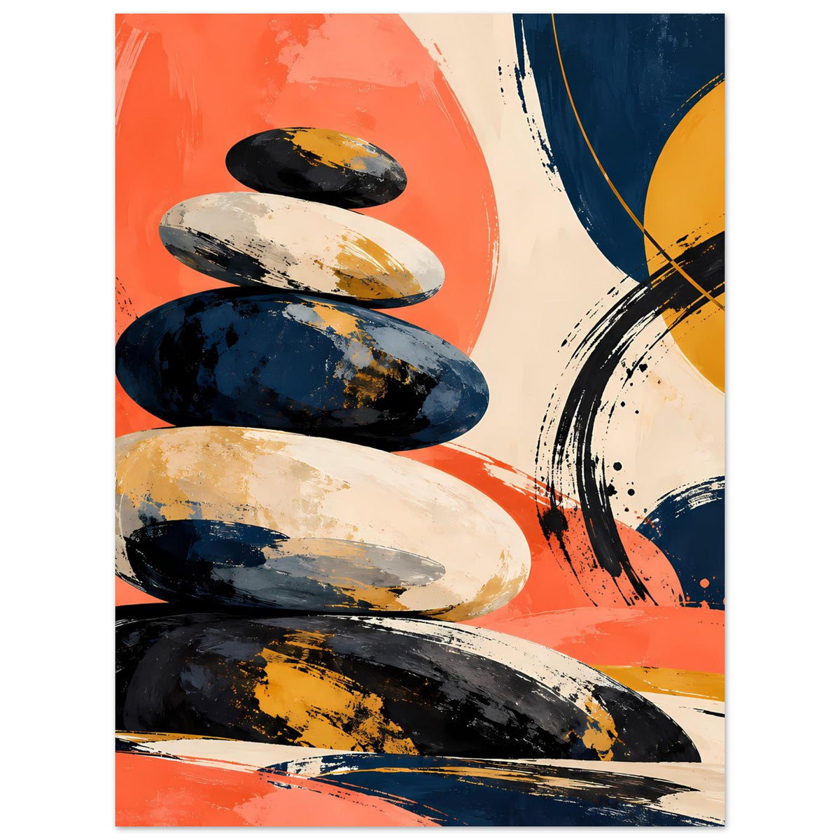 Abstraktes Poster, Steinsäule aus Schwarz, Blau und Creme; orangefarbene Hintergrundflächen
