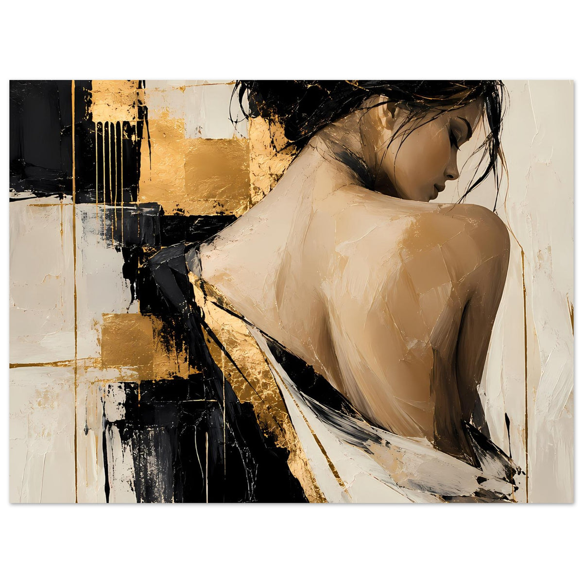 Abstraktes Damenportrait-Poster, ganze Darstellung der Frau im Profil, Schwarz, Gold, Beige
