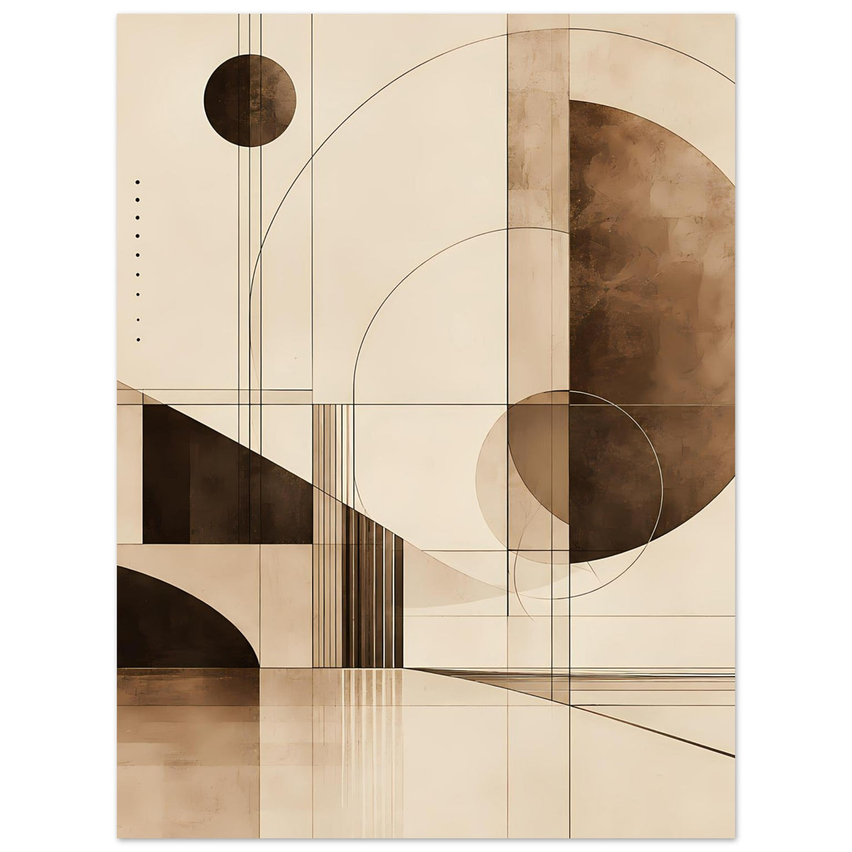 Gerahmter geometrischer Sepia-Kunstdruck im Hochformat mit Dreiecks- und Kreislinien