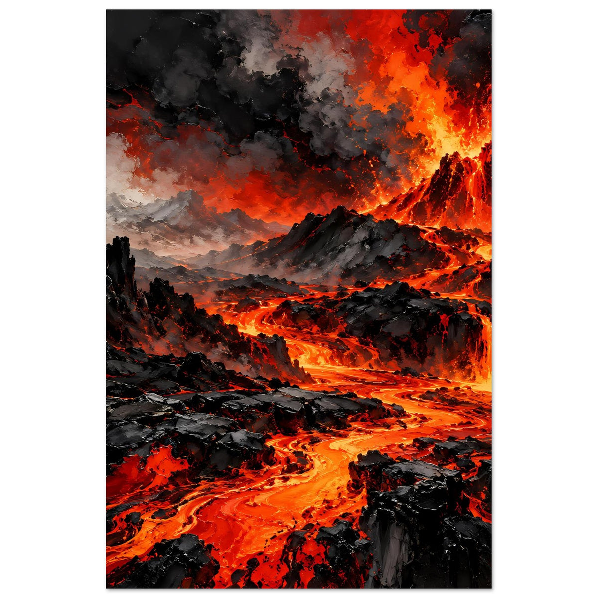 Vertikales Poster: Vulkaneruption mit Lavafluss, Feuerglut und dichten Rauchwolken über Bergen