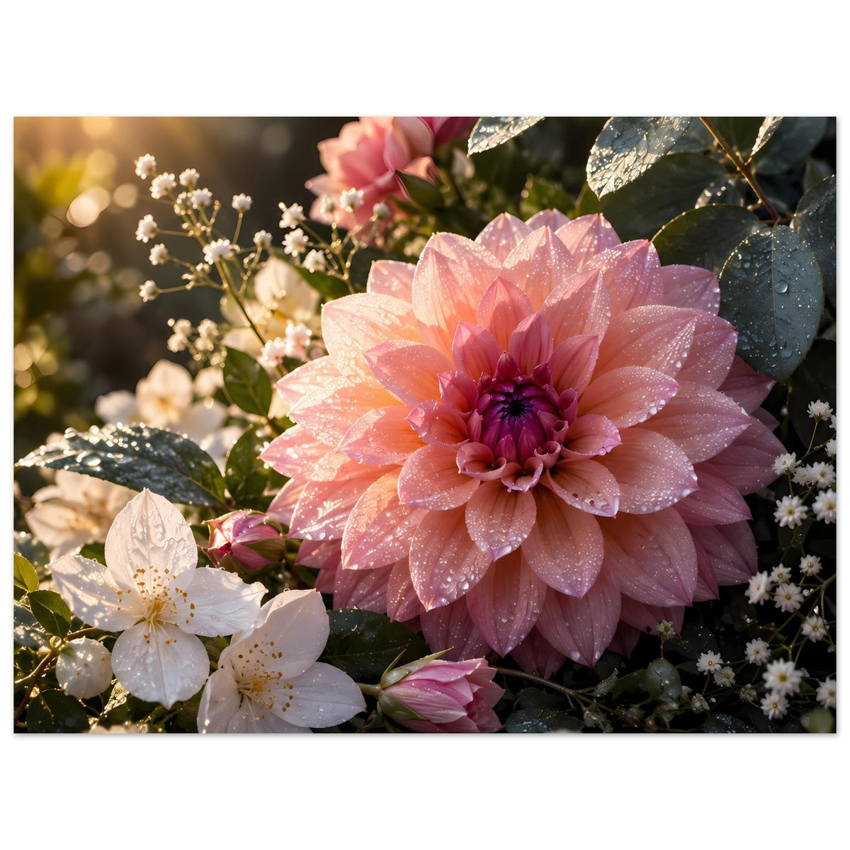 Querformatiges Blumenposter mit großer rosa Blüte, weißen Blüten links und grünen Blättern