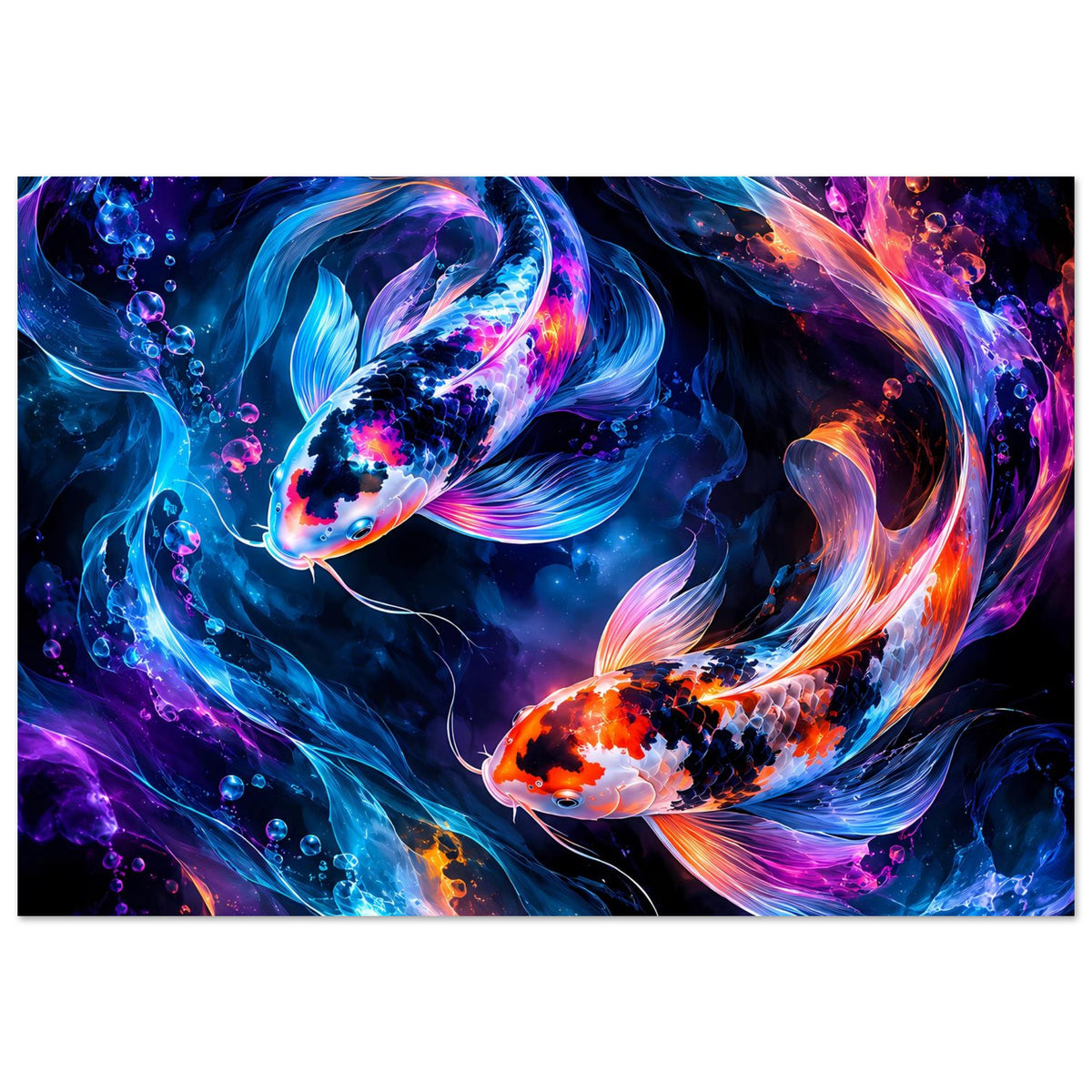 Horizontales Poster mit leuchtenden Koi-Fischen in Blau, Lila und Orange, voller Wassereffekte