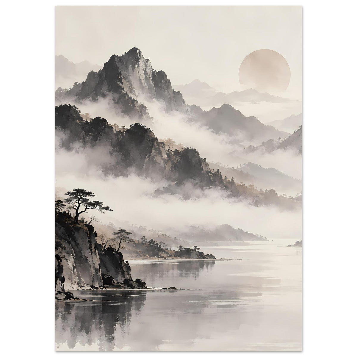 Poster mit Schwarzweiß-Gebirge im Nebel, Seeufer unten links und rundem Mond rechts oben