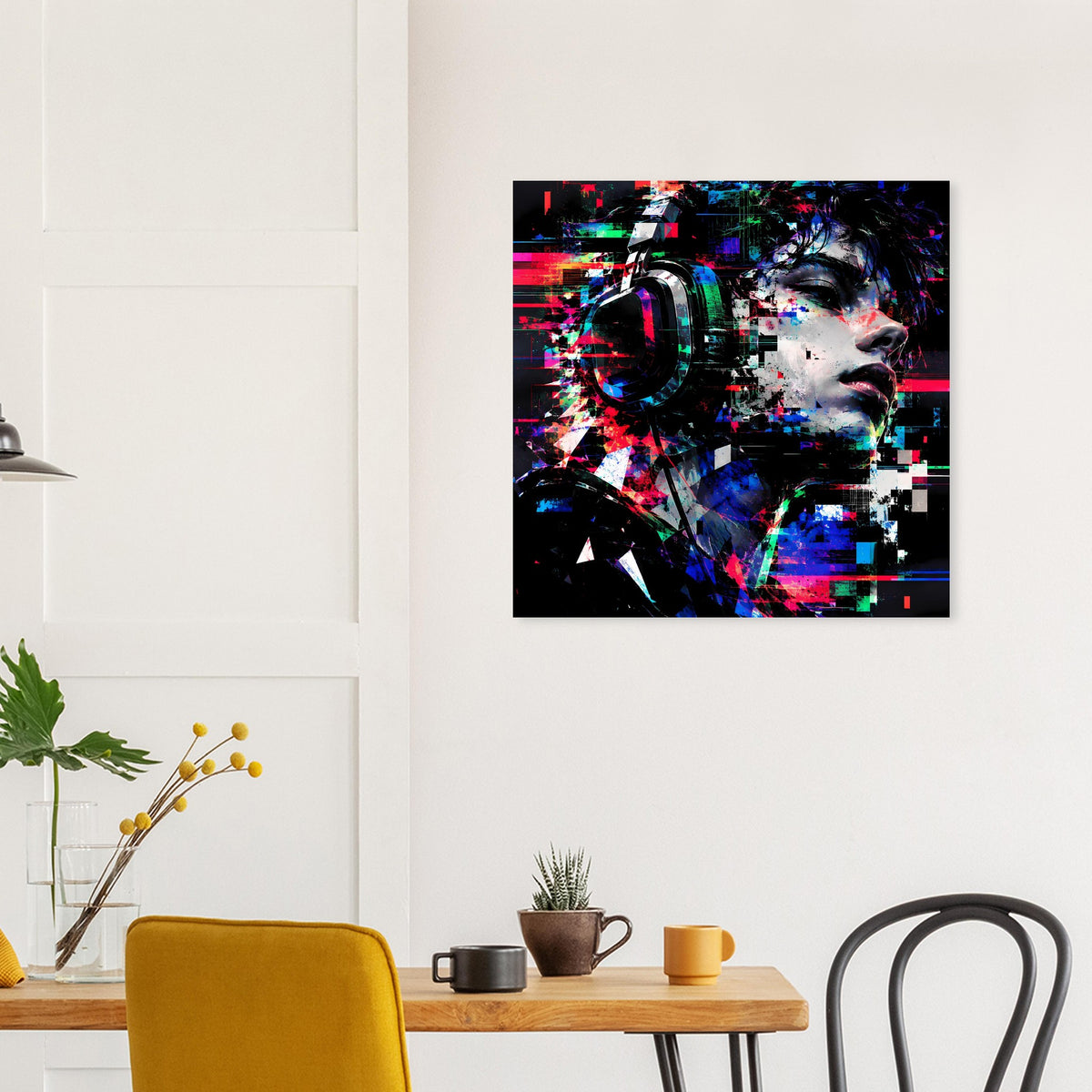Quadratisches Kunstposter: Gesicht in Glitch-Optik mit Kopfhörern, kontrastreiche Farben