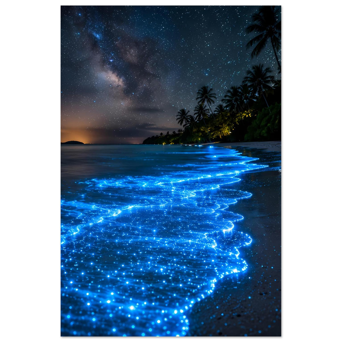 Meeresposter: blau leuchtende Biolumineszenz-Wellen auf dunklem Strand bei Nacht