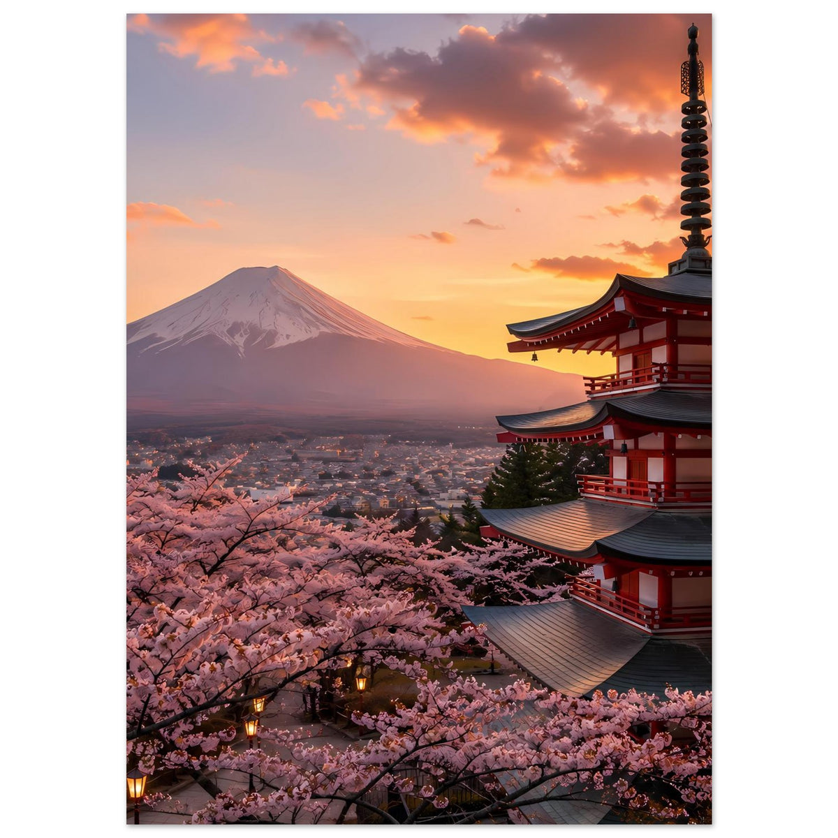Poster mit Mount Fuji, Kirschblütenmeer unten und Pagode rechts im Sonnenlicht