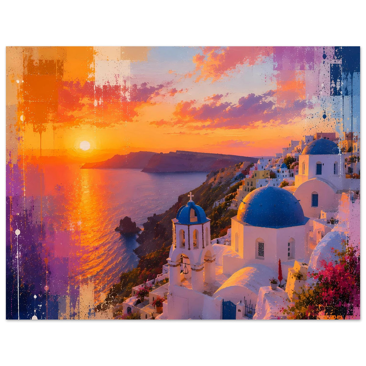 Querformatiges Poster mit Meerblick, Sonnenuntergang und weiß-blauen Kuppeln, farbig gestaltet