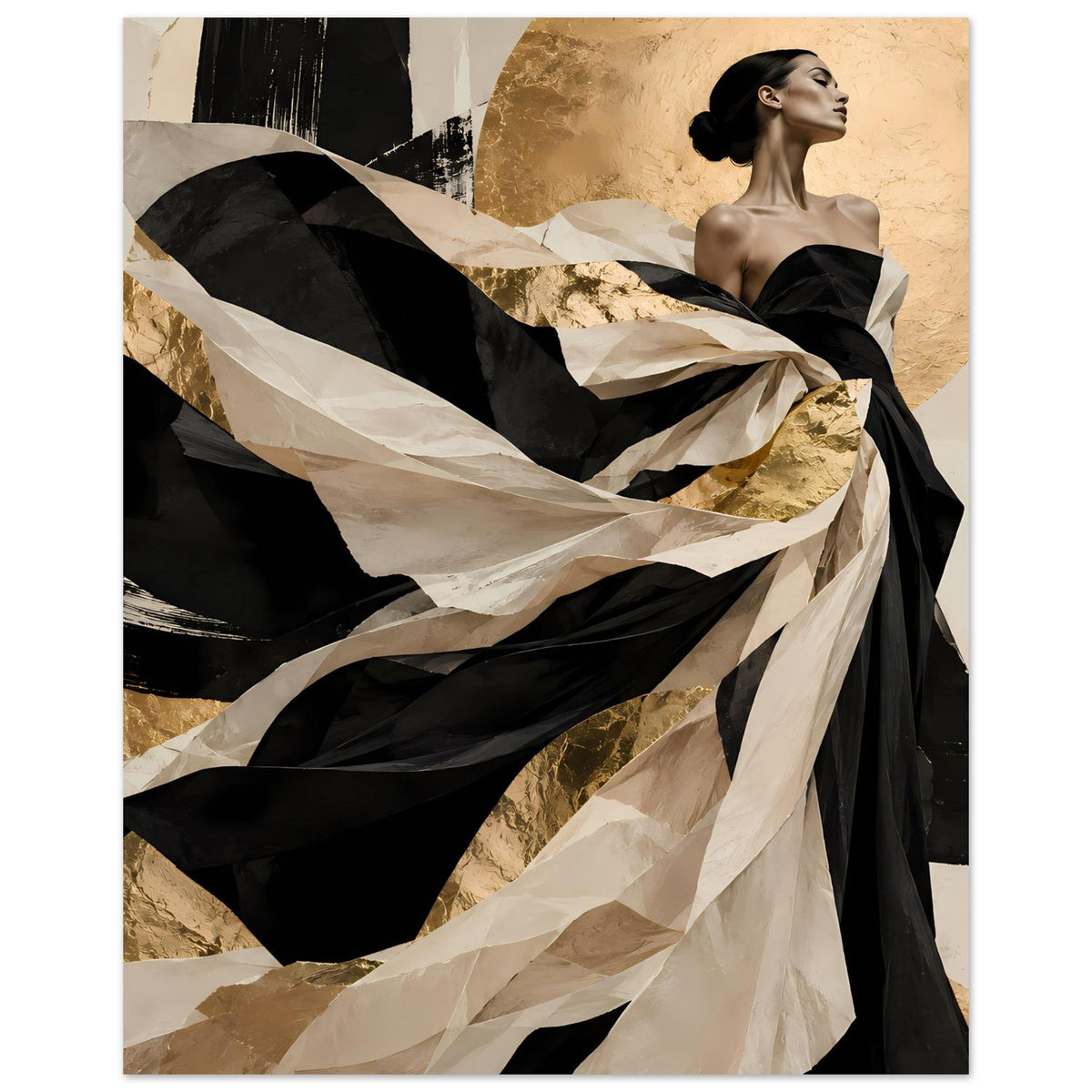 Matte Kunstposter: Frau im schwarzen Oberteil mit fließendem Schleier in Schwarz & Gold