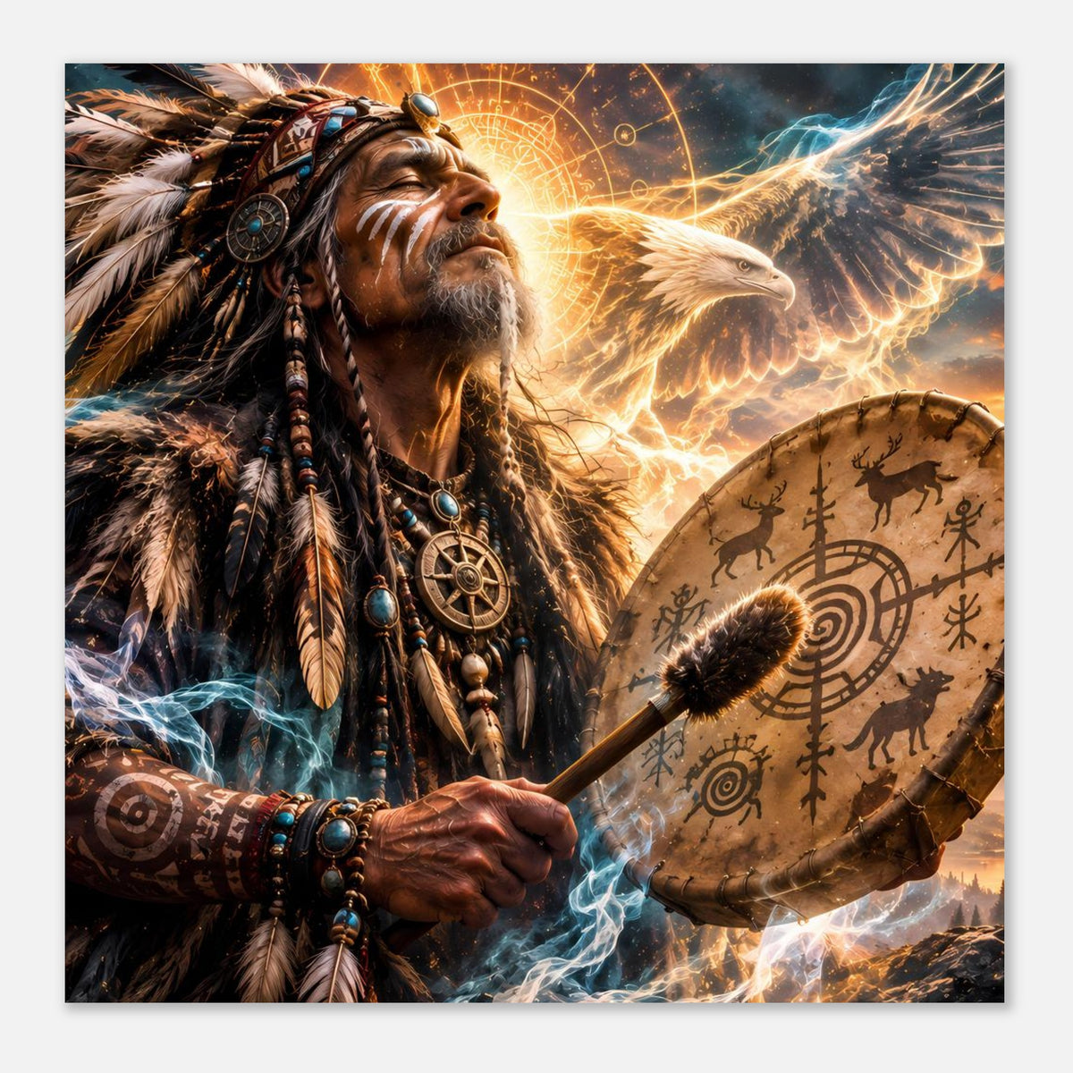 Fantasy-Poster mit Schamane und Trommel, goldenem Adler, Lichtring und Runenflügel