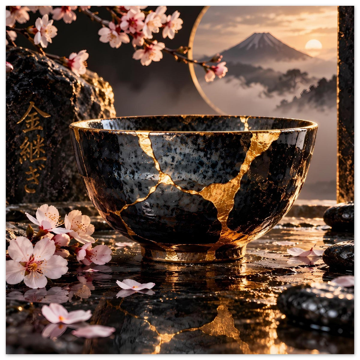 Kintsugi-Elegance-Poster: schwarze Schale mit goldenen Risslinien, Kirschblüten und Bergsilhouette