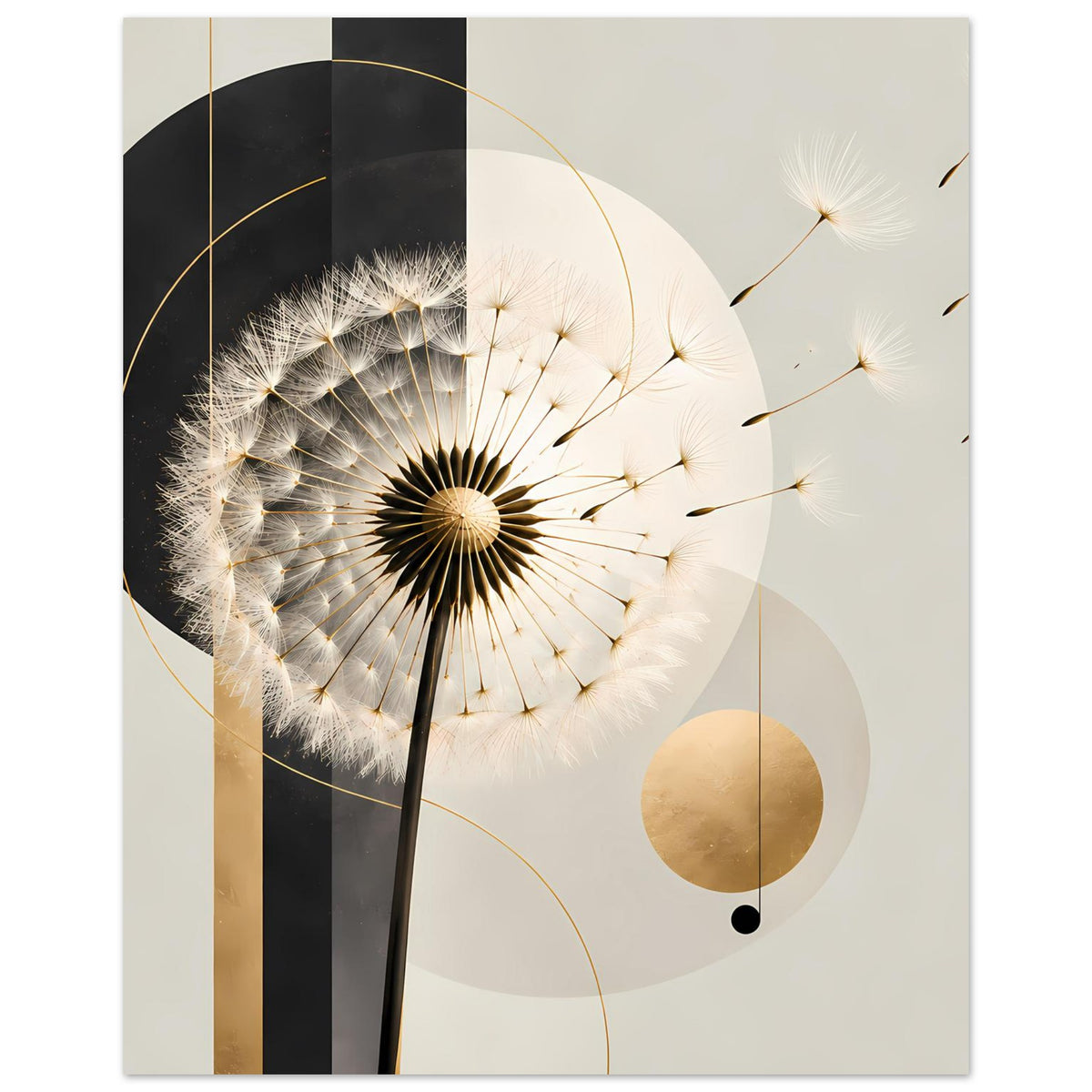 Wandposter mit Dandelion-Blüte und goldenen Akzenten, Kreismuster in Schwarz und Beige