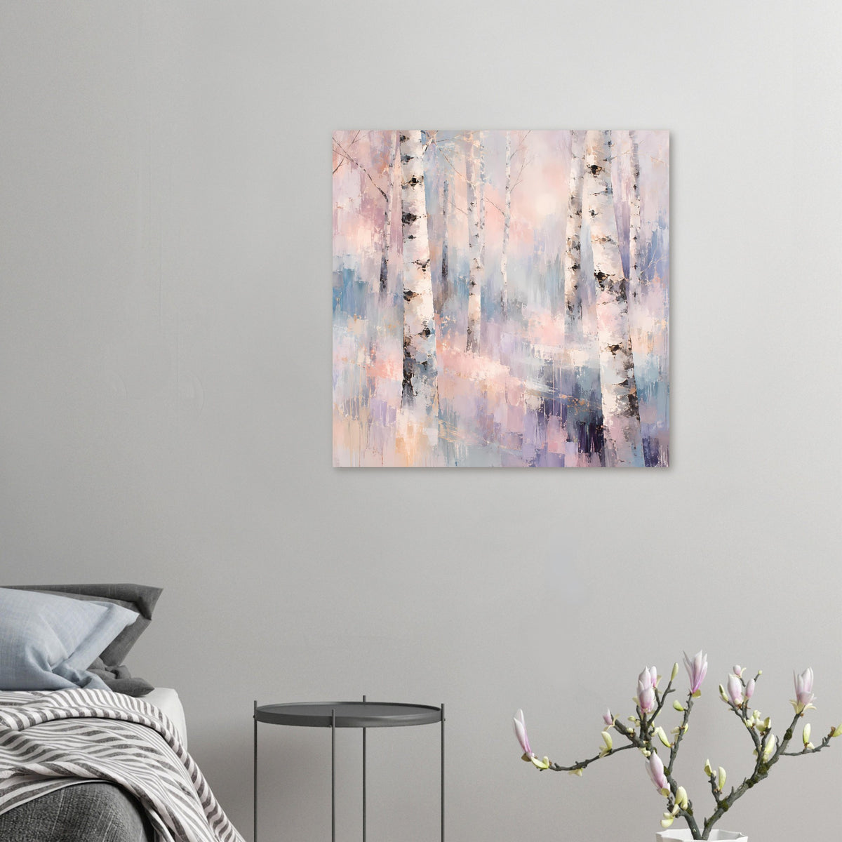 Naturposter Birkenwald in Pastellfarben, kleines Wandbild, Querformat