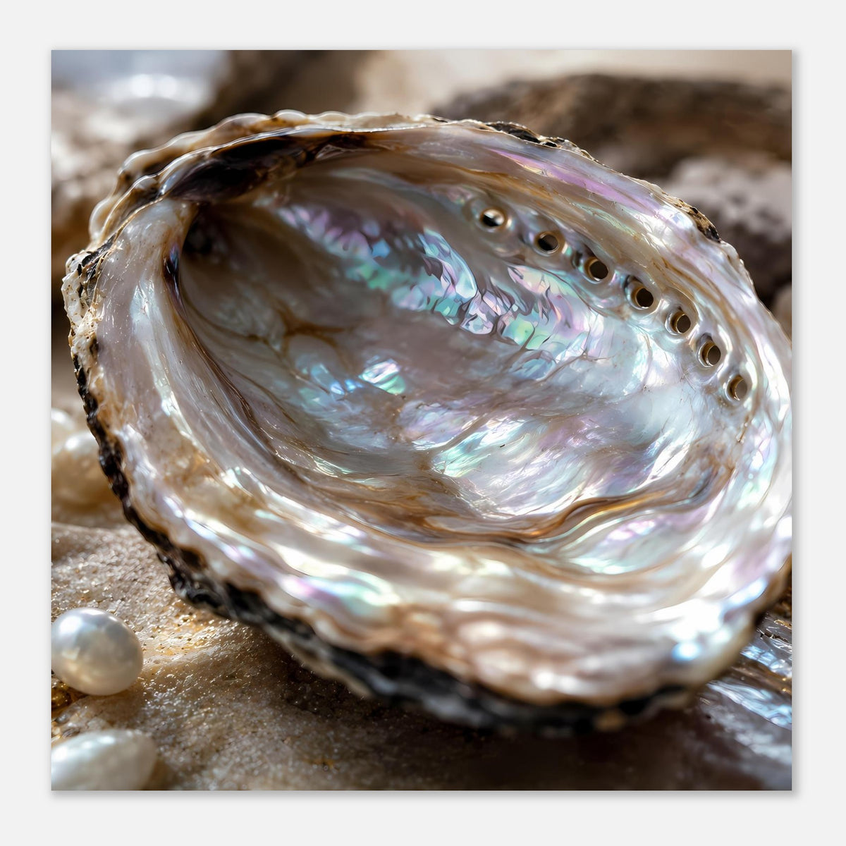 Poster mit Abalone-Muschel im Perlmuttglanz, Perle neben der Muschel