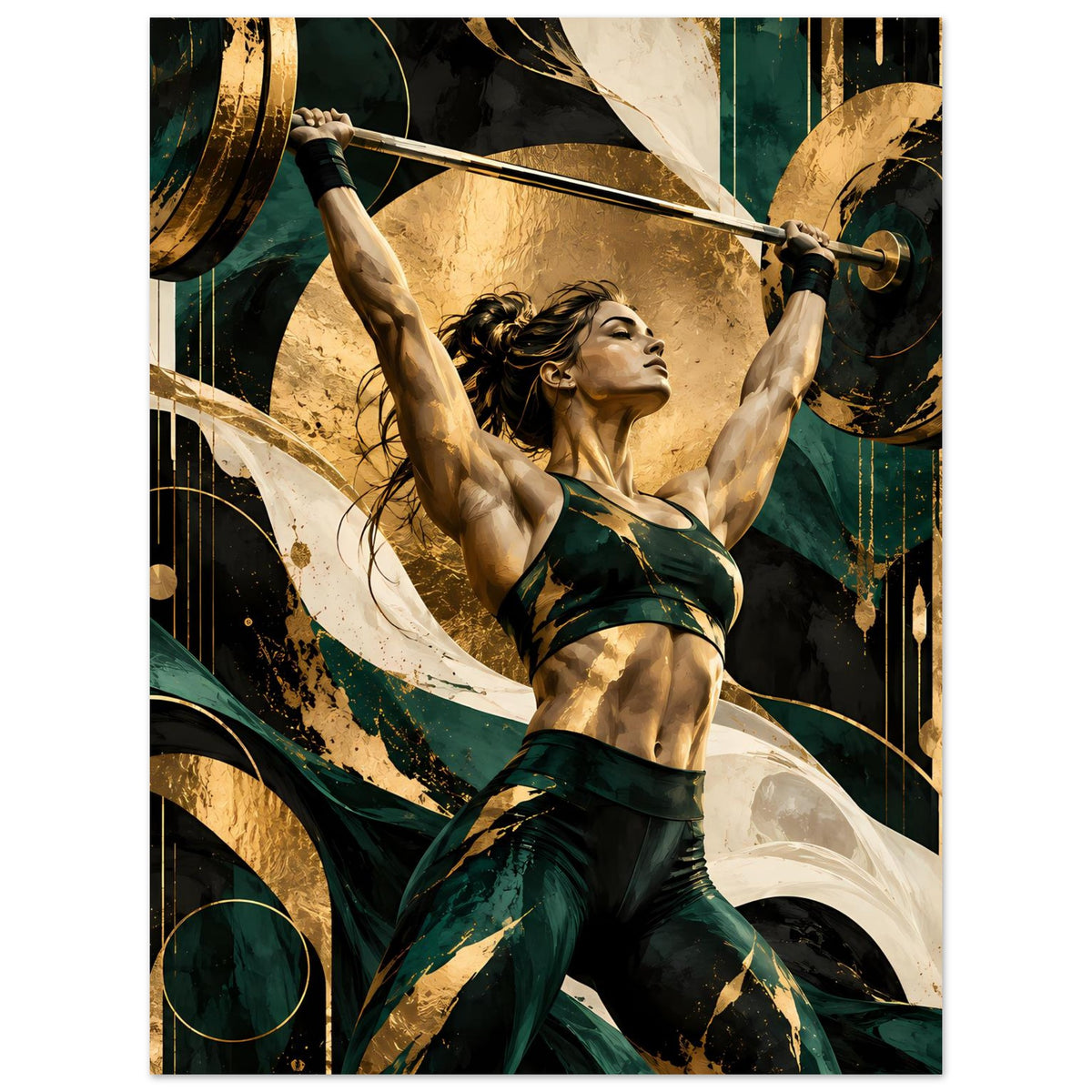 Kunstposter: Athletin mit Langhantel über Kopf, akzentuiert in Gold und tiefem Grün