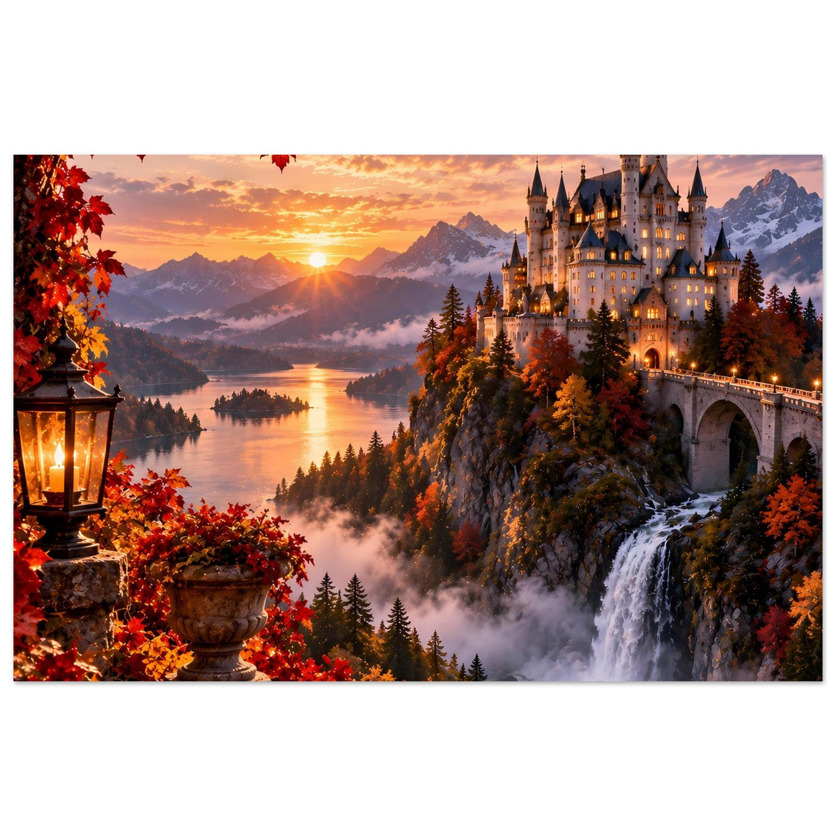 Horizontales Poster mit Schlosslandschaft, Wasserfall, Herbstlaub und Sonnenuntergang, matt