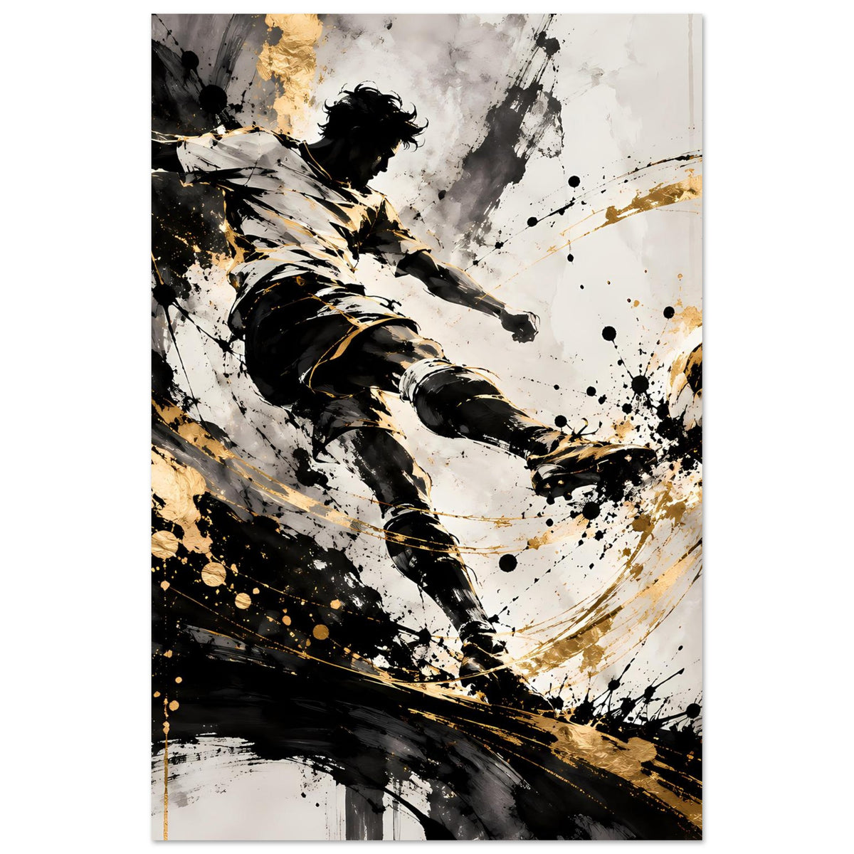 Fußballspieler-Poster im Hochformat: Kopf und Schuss im Schwarz-Gold-Spritzlook