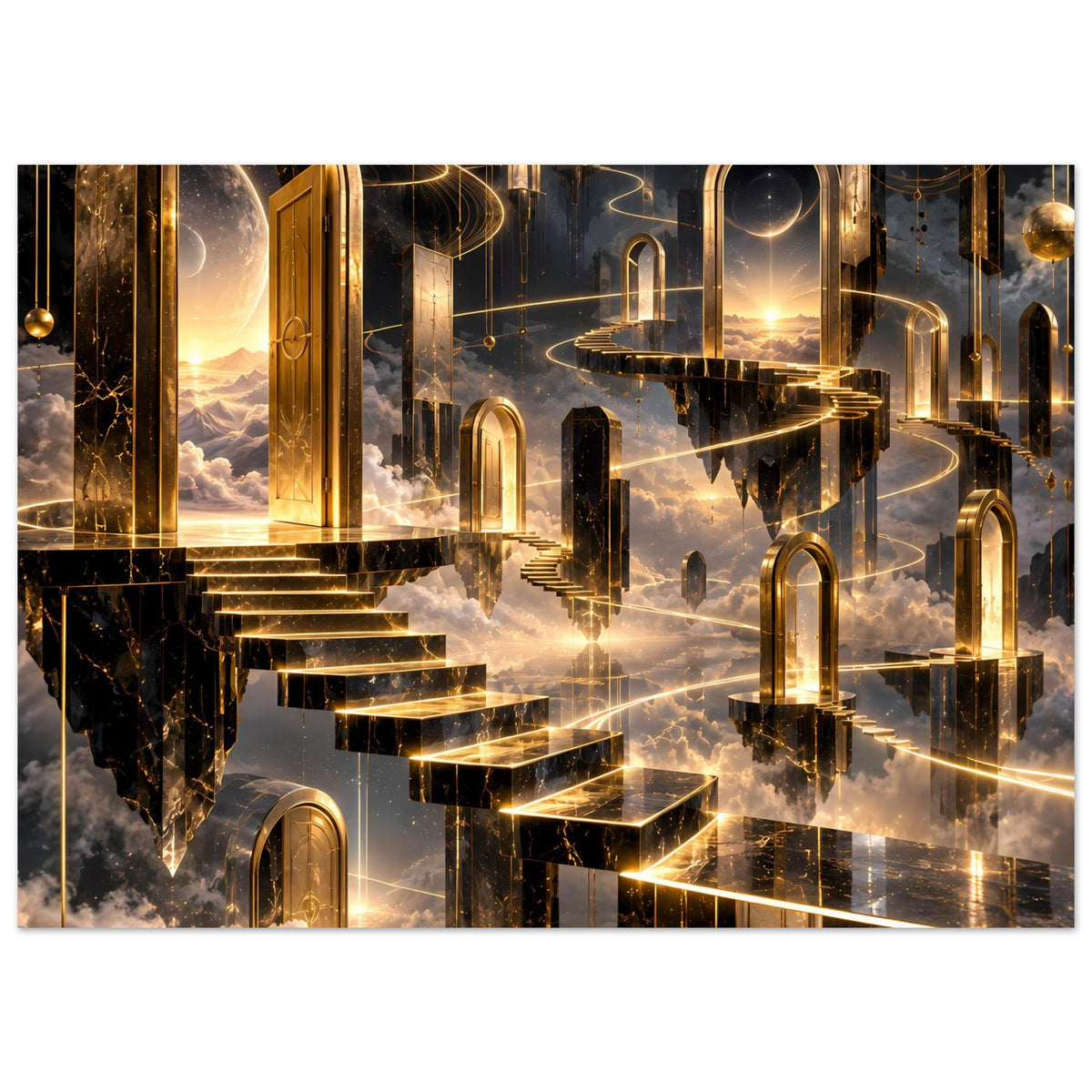 Premium-Poster: goldene Architekturdetails auf dunklem Hintergrund mit Treppen und schwebenden Bögen