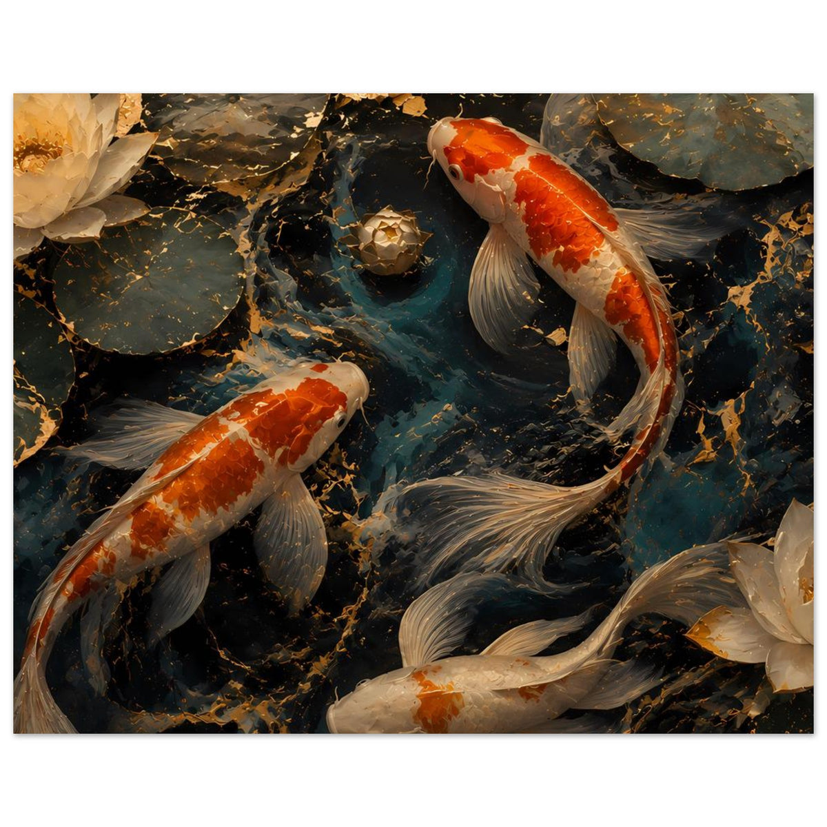 Koi-Fischkunstposter mit orange-weißen Karpfen, Teichlandschaft aus Steinen und hellen Schuppen